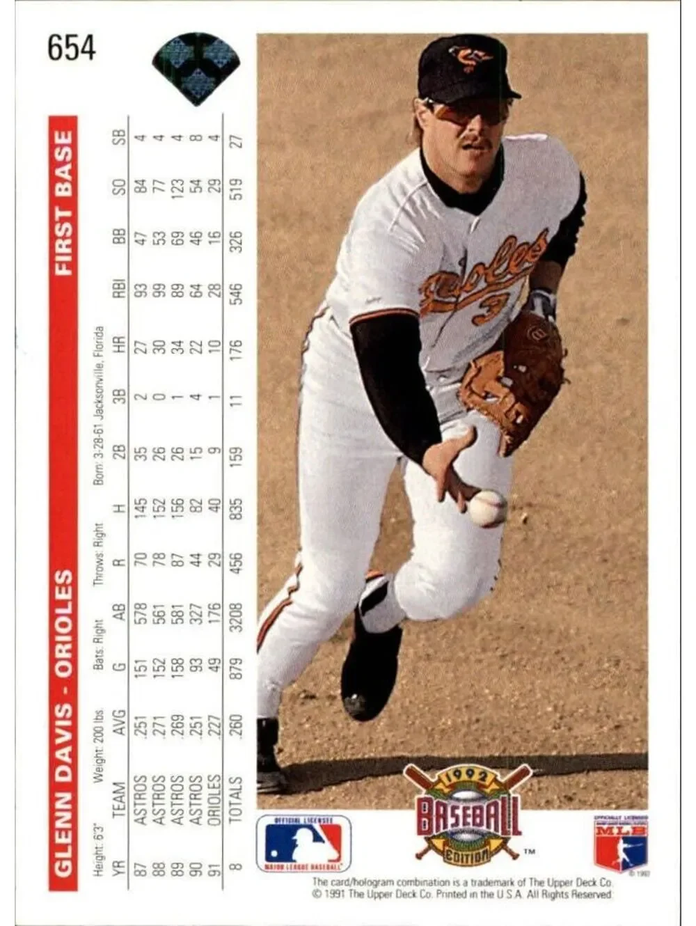 Glenn Davis 1992 Upper Deck MLB #654 Baseball Card Baltimore Orioles